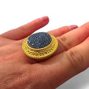 Vintage HN Heng Nai Gold Plated Round Blue Druzy Ring Size 7 Glam Oldmoney